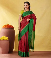 Crimson Soft Silk Saree With Zari Stripes & Green Border