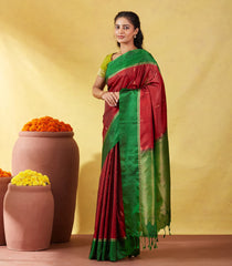 Crimson Soft Silk Saree With Zari Stripes & Green Border