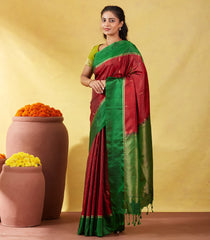 Crimson Soft Silk Saree With Zari Stripes & Green Border