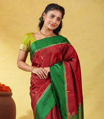 Crimson Soft Silk Saree With Zari Stripes & Green Border