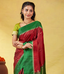 Crimson Soft Silk Saree With Zari Stripes & Green Border