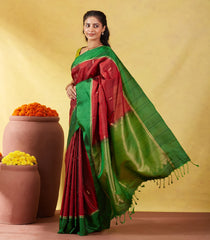 Crimson Soft Silk Saree With Zari Stripes & Green Border