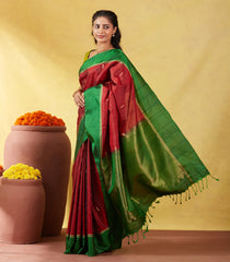 Crimson Soft Silk Saree With Zari Stripes & Green Border