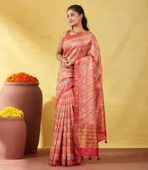 Dark Peach Handloom Tussar Silk Saree Printed With Geometric & Floral Motifs