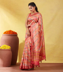 Dark Peach Handloom Tussar Silk Saree Printed With Geometric & Floral Motifs