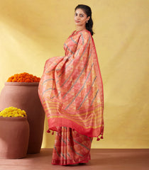 Dark Peach Handloom Tussar Silk Saree Printed With Geometric & Floral Motifs