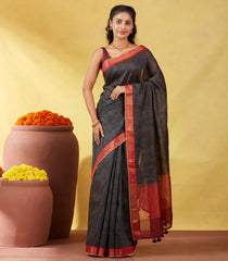 Black Handloom Tussar Silk Saree Printed With Geometric Motifs