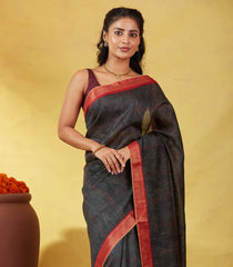 Black Handloom Tussar Silk Saree Printed With Geometric Motifs