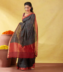 Black Handloom Tussar Silk Saree Printed With Geometric Motifs