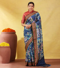 Dark Grey Handloom Tussar Silk Saree With Printed Floral Motifs