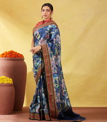 Dark Grey Handloom Tussar Silk Saree With Printed Floral Motifs