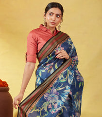 Dark Grey Handloom Tussar Silk Saree With Printed Floral Motifs