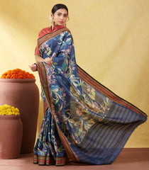 Dark Grey Handloom Tussar Silk Saree With Printed Floral Motifs