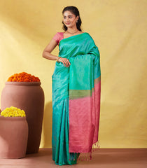 Aquamarine Soft Silk Saree With Floral Zari Motifs & Contrast Pallu