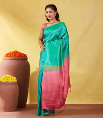 Aquamarine Soft Silk Saree With Floral Zari Motifs & Contrast Pallu