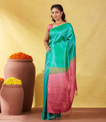 Aquamarine Soft Silk Saree With Floral Zari Motifs & Contrast Pallu