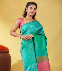 Aquamarine Soft Silk Saree With Floral Zari Motifs & Contrast Pallu