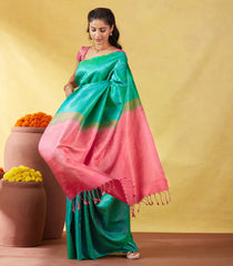 Aquamarine Soft Silk Saree With Floral Zari Motifs & Contrast Pallu