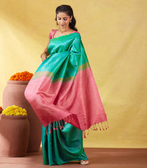 Aquamarine Soft Silk Saree With Floral Zari Motifs & Contrast Pallu