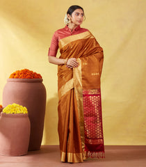 Mustard Soft Silk Saree With Stripes And Geometric Buttas