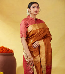 Mustard Soft Silk Saree With Stripes And Geometric Buttas