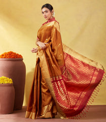 Mustard Soft Silk Saree With Stripes And Geometric Buttas