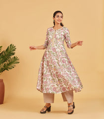 Off White Floral Printed Festive  Kurta