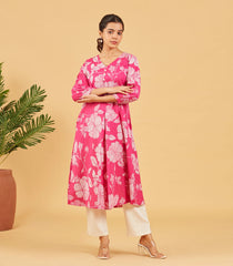 Bright Pink Floral Printed Cotton Kurta Set