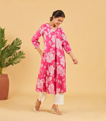 Bright Pink Floral Printed Cotton Kurta Set