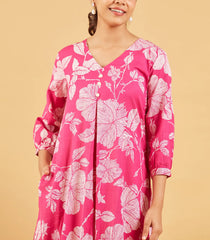 Bright Pink Floral Printed Cotton Kurta Set