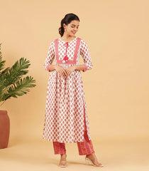 White And Pink Floral Printed  Kurta Set