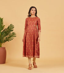 Gold Maroon Floral Printed Kurta