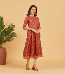 Gold Maroon Floral Printed Kurta