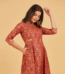 Gold Maroon Floral Printed Kurta