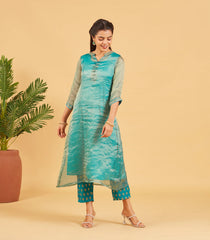 Teal And Gold Tissue Kurta