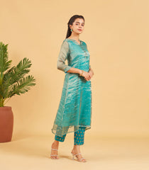 Teal And Gold Tissue Kurta