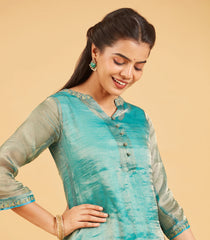 Teal And Gold Tissue Kurta