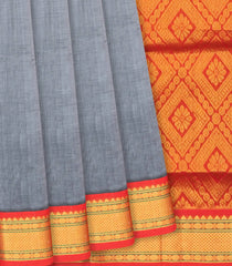 Grey Handloom Silk Cotton Saree With Contrast Red Border-Grey