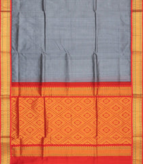 Grey Handloom Silk Cotton Saree With Contrast Red Border-Grey