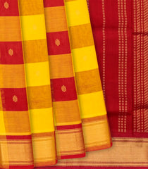 Crimson & Yellow  Handloom Silk Cotton Saree With Checks & Butta-Crimson