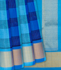 Cyan and Blue checked Handloom Silk Cotton Saree with cyan border and pallu-Cyan