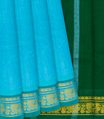 Cyan Handloom Silk Cotton Saree with contrast bottle green pallu-Cyan