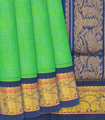 Light Green Handloom Korvai Silk Cotton Saree With Checks-Light Green