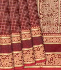 Brown Handloom Silk Cotton Saree With Zari Checks-Brown