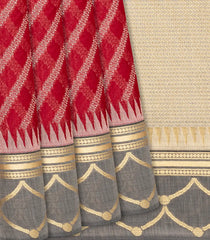 Crimson Handloom Silk Cotton Saree With Diagonal Stripes-Crimson