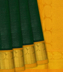 Bottle Green Handloom Plain Silk Cotton Saree With Mustard Border-Bottle Green