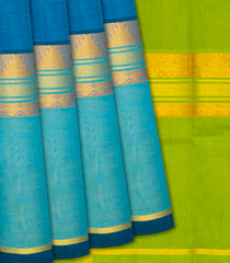 Blue Handloom Silk Cotton Saree With Green Pallu-Blue