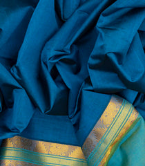 Blue Handloom Silk Cotton Saree With Green Pallu-Blue