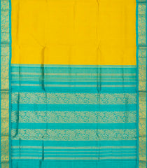 Lemon Yellow Handloom Korvai Silk Cotton Saree With Turquoise Border-Lime Yellow