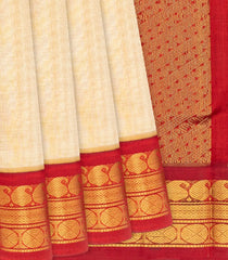 Cream Handloom Korvai Silk Cotton Saree With Red Border-Cream